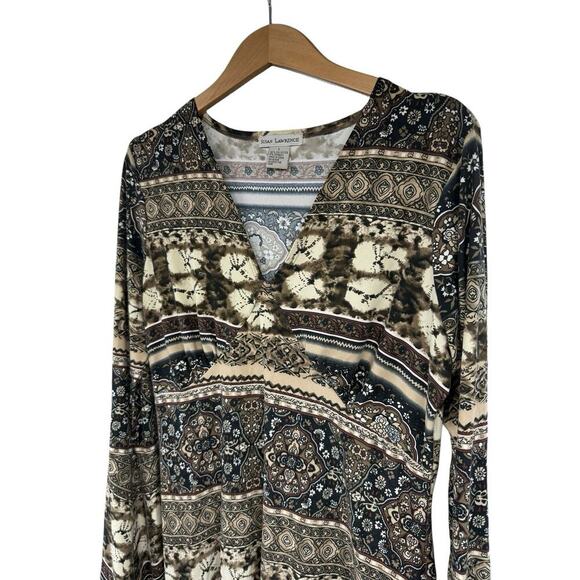 Susan Lawrence Babydoll Style Belle Sleeve Patterned Top Womens Large - Picture 4 of 9